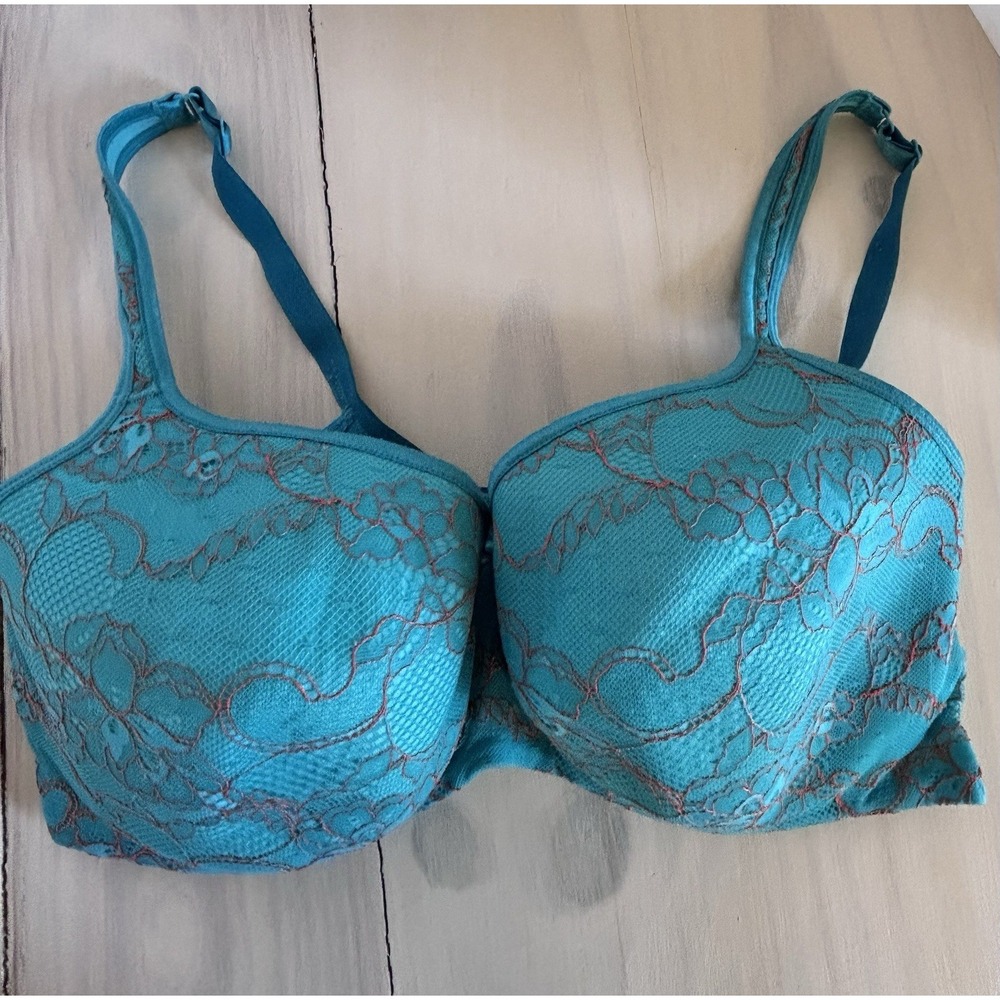 42DDD Vintage Cacique Lane Bryant Deep Plunge Bra Nylon TURQUOISE‎ Lace EUC